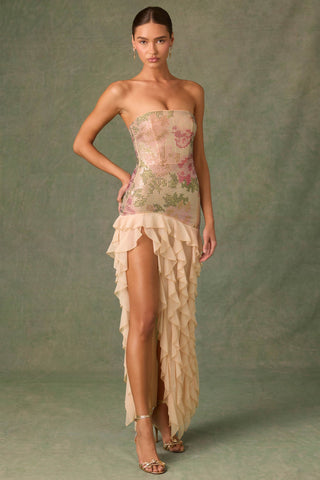 Embellished Ruffle-Trim Strapless Gown in Rose Hotfix