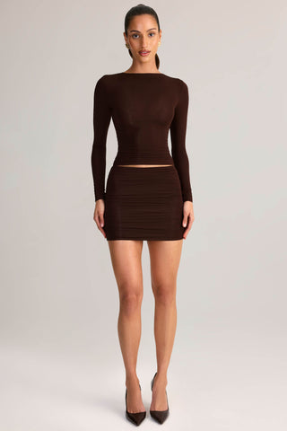Modal Ruched Mid-Rise Mini Skirt in Chocolate Brown