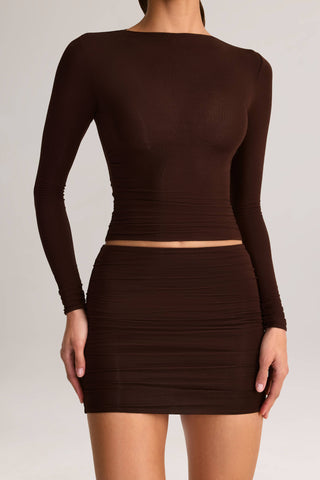 Modal Ruched Mid-Rise Mini Skirt in Chocolate Brown