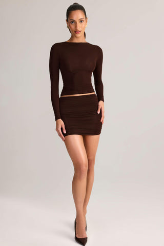 Modal Ruched Mid-Rise Mini Skirt in Chocolate Brown