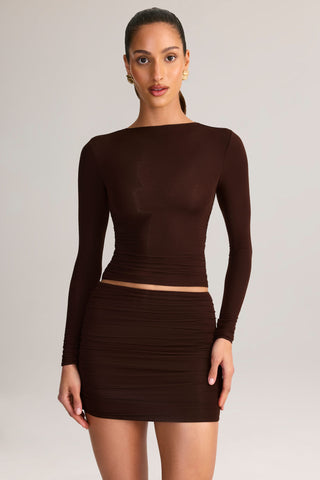 Modal Ruched Mid-Rise Mini Skirt in Chocolate Brown