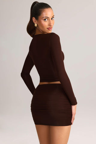 Modal Ruched Mid-Rise Mini Skirt in Chocolate Brown