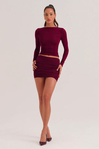 Modal Ruched Mid-Rise Mini Skirt in Wine Red