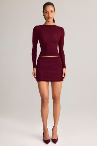 Modal Ruched Mid-Rise Mini Skirt in Wine Red