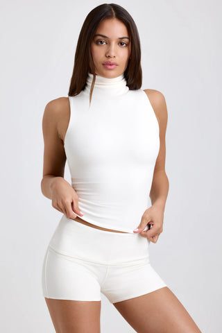 Modal Ribbed Mid-Rise Foldover Shorts in White