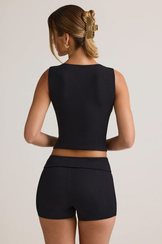 Modal Ribbed Mid-Rise Foldover Shorts in Black