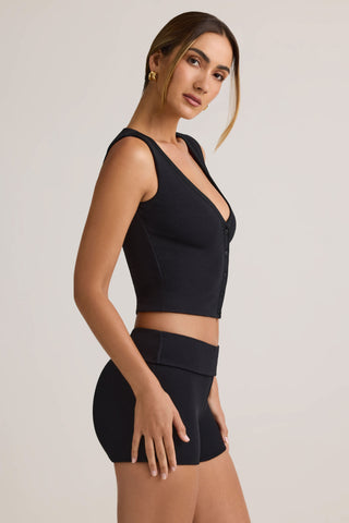 Modal Ribbed Mid-Rise Foldover Shorts in Black