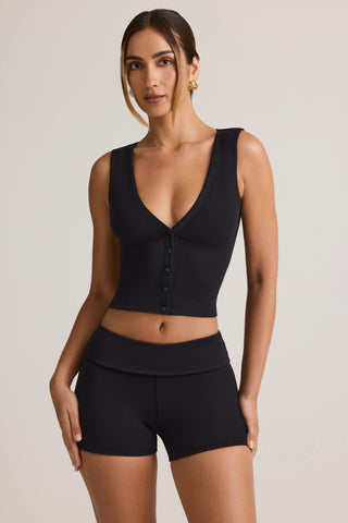 Modal Ribbed Mid-Rise Foldover Shorts in Black