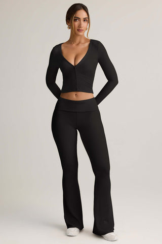 Modal Ribbed Foldover Flared Trousers in Black