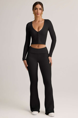 Modal Ribbed Foldover Flared Trousers in Black