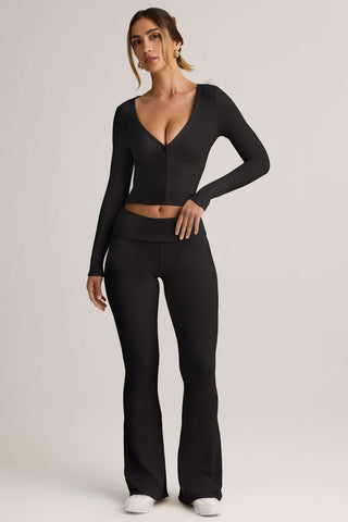 Modal Ribbed Foldover Flared Trousers in Black