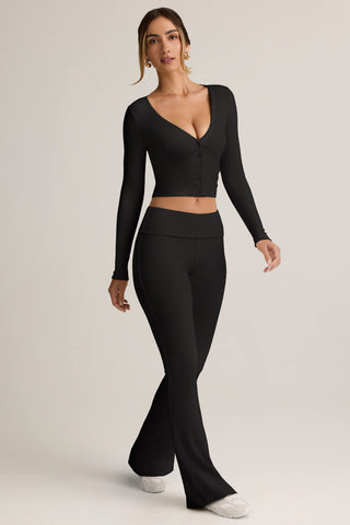 Modal Ribbed Foldover Flared Trousers in Black