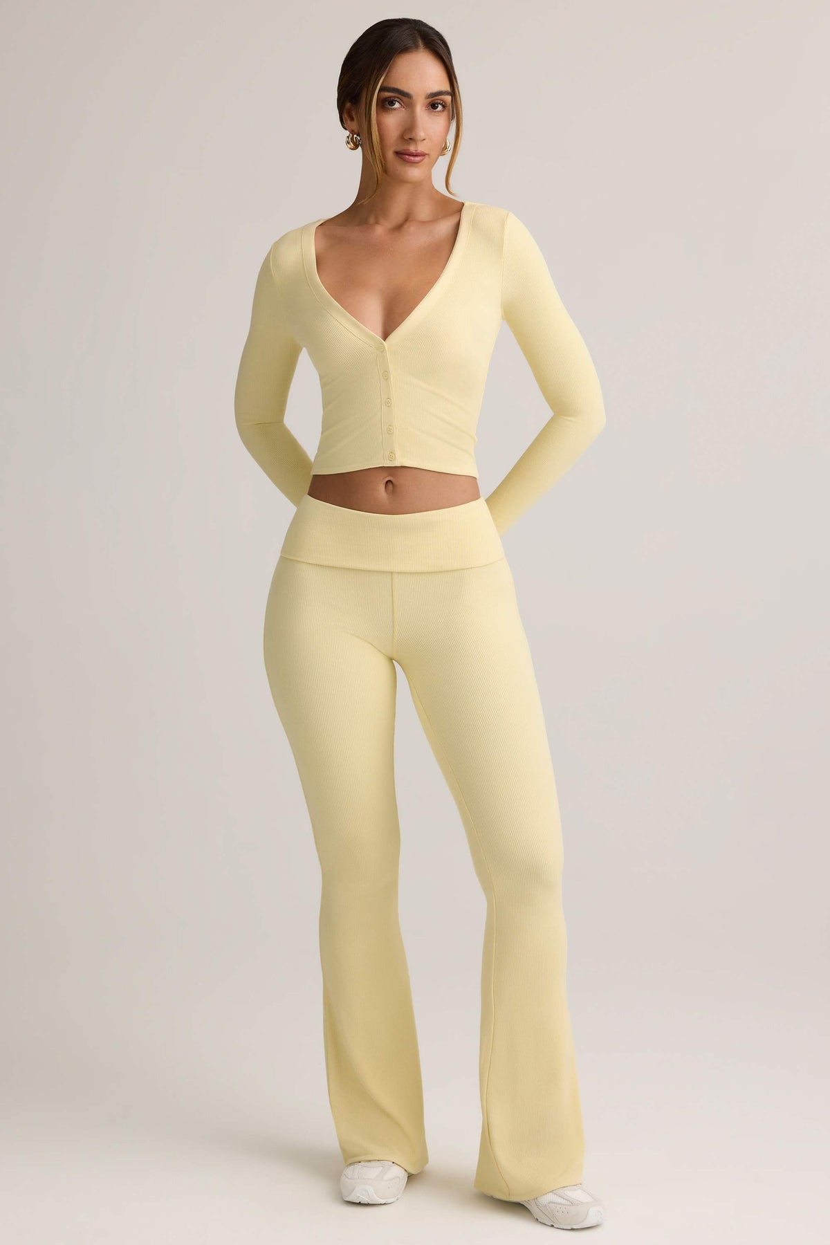 Modal Ribbed Foldover Flared Trousers in Buttercream Yellow