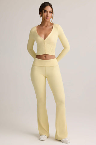 Modal Ribbed Foldover Flared Trousers in Buttercream Yellow