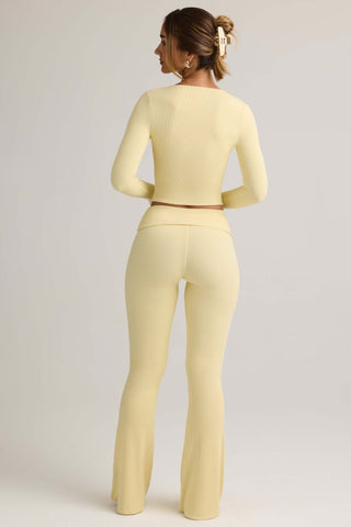Modal Ribbed Foldover Flared Trousers in Buttercream Yellow