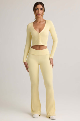 Modal Ribbed Foldover Flared Trousers in Buttercream Yellow