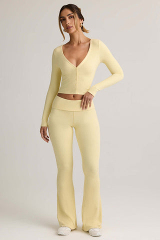Modal Ribbed Foldover Flared Trousers in Buttercream Yellow