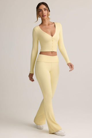 Modal Ribbed Foldover Flared Trousers in Buttercream Yellow