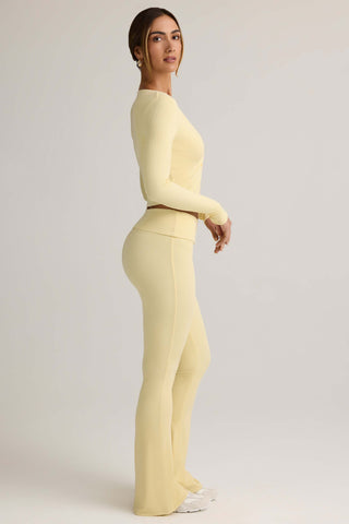 Modal Ribbed Foldover Flared Trousers in Buttercream Yellow