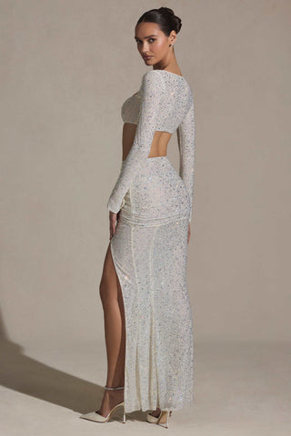 Embellished Ruched Maxi Skirt in White