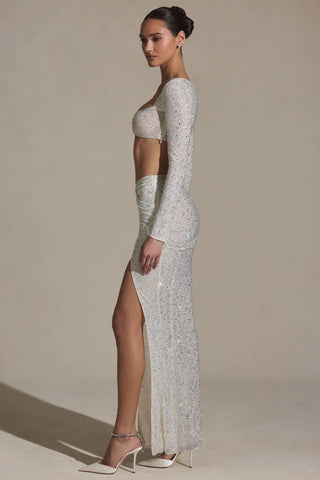 Embellished Ruched Maxi Skirt in White