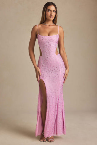 Embellished Cut-Out Fishtail Maxi Dress in Peony Pink