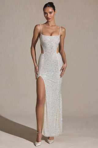 Embellished Cut-Out Fishtail Maxi Dress in White