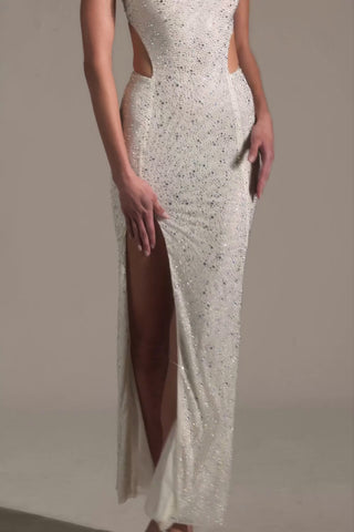 Embellished Cut-Out Fishtail Maxi Dress in White