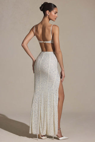 Embellished Cut-Out Fishtail Maxi Dress in White