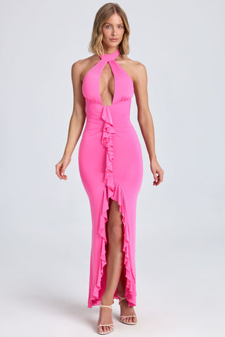 Ruffle-Trim Halterneck Gown in Lollipop Pink