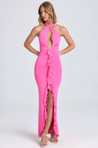 Ruffle-Trim Halterneck Gown in Lollipop Pink
