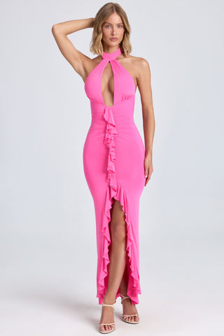 Ruffle-Trim Halterneck Gown in Lollipop Pink
