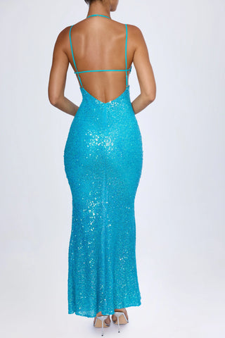 Embellished Cut-Out Halterneck Maxi Dress in Turquoise