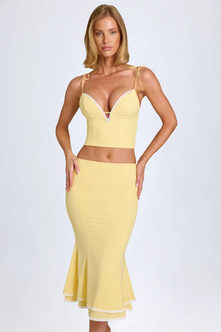 Lace-Trim Mid-Rise Midaxi Skirt in Pastel Yellow