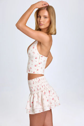 Ruffled Shirred Low-Rise Micro Mini Skirt in Small Rose Print