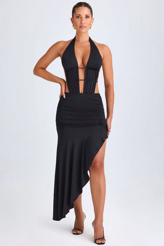 Asymmetric Cut-Out Halterneck Midaxi Dress in Black