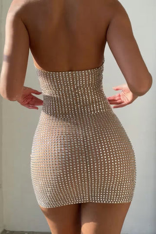 Embellished Halterneck Mini Dress in Honey