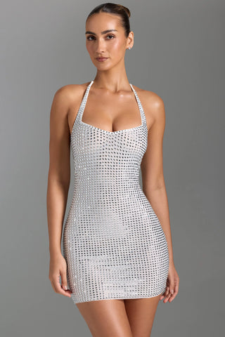 Embellished Halterneck Mini Dress in White