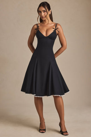 Bow-Detail A-Line Midi Dress in Black