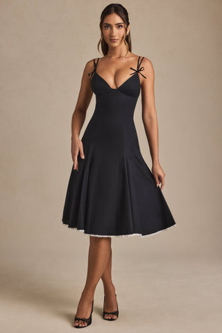 Bow-Detail A-Line Midi Dress in Black