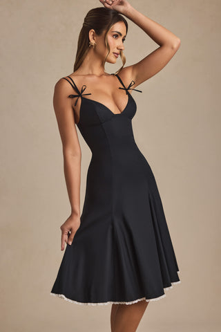 Bow-Detail A-Line Midi Dress in Black