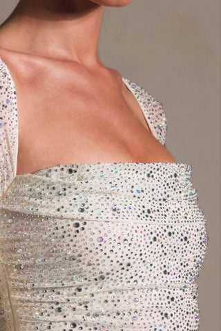 Embellished Draped Cowl-Neck Mini Dress in White