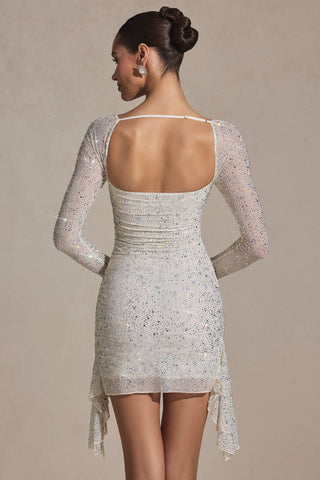 Embellished Draped Cowl-Neck Mini Dress in White