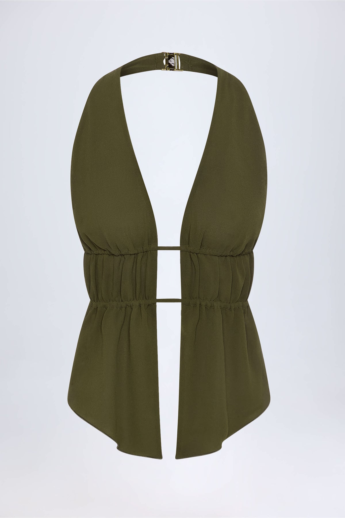 Cut-Out Semi-Sheer Ruched Halterneck Crop Top in Dark Khaki