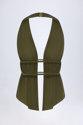 Cut-Out Semi-Sheer Ruched Halterneck Crop Top in Dark Khaki