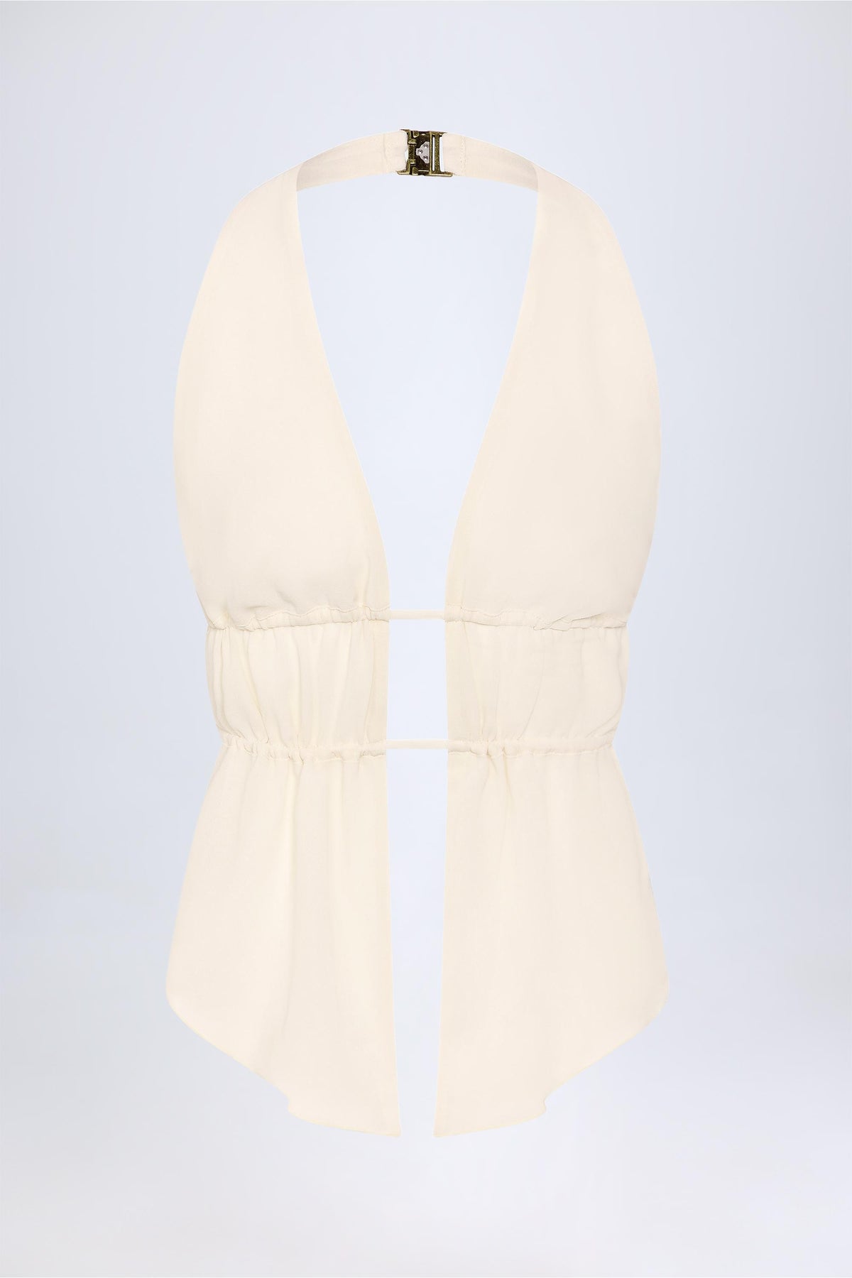 Cut-Out Semi-Sheer Ruched Halterneck Crop Top in Ivory