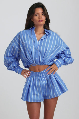 Cotton Poplin Stripe Multiway Cropped Shirt in Blue Stripe