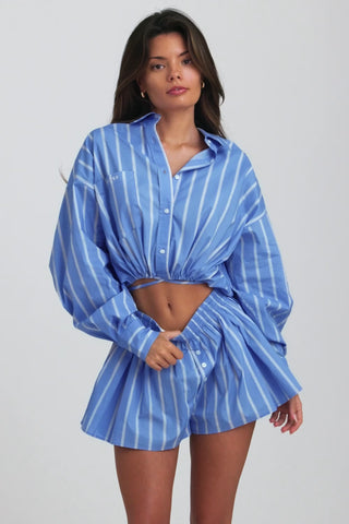 Cotton Poplin Stripe Pleated Shorts in Blue Stripe