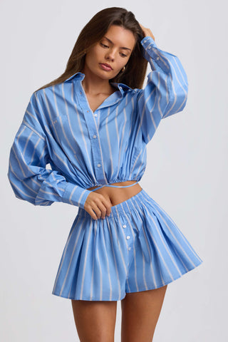 Cotton Poplin Stripe Pleated Shorts in Blue Stripe