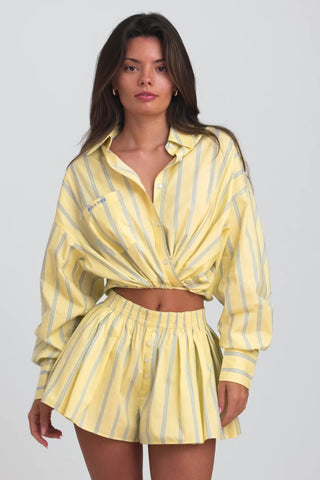 Cotton Poplin Stripe Pleated Shorts in Yellow Stripe